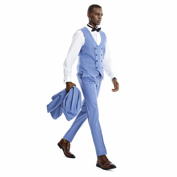 Men's Pinstripe 3-Piece Suit w/ Double Breasted Vest, Smokey Blue - Picture 3 of 9
